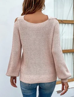 Outlet Women's Sweater Pullover Sweater Jumper Casual Soft Pure Color Ribbed V Neck Knitted Long Sleeve Regular Tops Knit Outdoor Daily Weekend Pink Khaki Fall Winter Women Pullovers & Tops