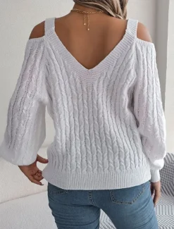 Hot Women's Sweater Pullover Sweater Jumper Casual Soft Solid Color Ribbed V Neck Knitted Cold Shoulder Long Sleeve Regular Tops Knit Outdoor Daily Weekend White Khaki Fall Winter Women Pullovers & Tops
