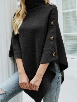 Outlet Women's Sweater Pullover Sweater Jumper Casual Soft Solid Color Ribbed Turtleneck Buttons Knitted Half Sleeve Regular Tops Knit Outdoor Daily Weekend Black Red Fall Winter Women Pullovers & Tops
