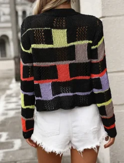 Best Women's Sweater Pullover Sweater Jumper Casual Soft Plaid Crochet Crew Neck Patchwork Knitted Long Sleeve Regular Tops Knit Outdoor Daily Weekend Black White Fall Winter Women Pullovers & Tops