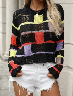 Best Women's Sweater Pullover Sweater Jumper Casual Soft Plaid Crochet Crew Neck Patchwork Knitted Long Sleeve Regular Tops Knit Outdoor Daily Weekend Black White Fall Winter Women Pullovers & Tops