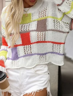 Best Women's Sweater Pullover Sweater Jumper Casual Soft Plaid Crochet Crew Neck Patchwork Knitted Long Sleeve Regular Tops Knit Outdoor Daily Weekend Black White Fall Winter Women Pullovers & Tops