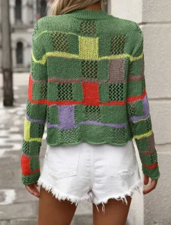 Best Women's Sweater Pullover Sweater Jumper Casual Soft Plaid Crochet Crew Neck Patchwork Knitted Long Sleeve Regular Tops Knit Outdoor Daily Weekend Black White Fall Winter Women Pullovers & Tops