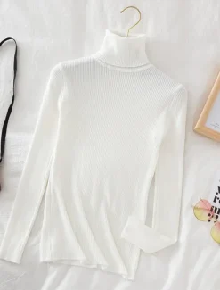 Hot Women's Sweater Pullover Sweater Jumper Casual Soft Pure Color Ribbed Turtleneck Knitted Long Sleeve Regular Tops Knit Outdoor Daily Weekend White Wine Fall Winter Women Pullovers & Tops