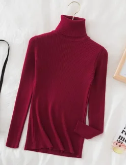 Hot Women's Sweater Pullover Sweater Jumper Casual Soft Pure Color Ribbed Turtleneck Knitted Long Sleeve Regular Tops Knit Outdoor Daily Weekend White Wine Fall Winter Women Pullovers & Tops