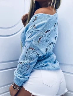 Hot Women's Sweater Pullover Sweater Jumper Casual Soft Pure Color Ribbed V Neck Hollow Out Knitted Long Sleeve Regular Tops Knit Outdoor Daily Weekend Fuchsia Fall Winter Women Pullovers & Tops