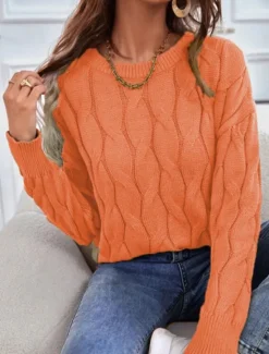 Online Women's Sweater Pullover Sweater Jumper Casual Soft Pure Color Cable Crew Neck Knitted Long Sleeve Regular Tops Knit Outdoor Daily Weekend Orange Khaki Fall Winter Women Pullovers & Tops