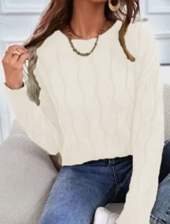 Online Women's Sweater Pullover Sweater Jumper Casual Soft Pure Color Cable Crew Neck Knitted Long Sleeve Regular Tops Knit Outdoor Daily Weekend Orange Khaki Fall Winter Women Pullovers & Tops