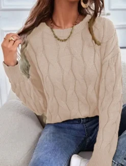Online Women's Sweater Pullover Sweater Jumper Casual Soft Pure Color Cable Crew Neck Knitted Long Sleeve Regular Tops Knit Outdoor Daily Weekend Orange Khaki Fall Winter Women Pullovers & Tops
