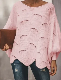 Best Women's Sweater Pullover Sweater Jumper Casual Soft Pure Color Ribbed Crew Neck Hollow Out Knitted Long Sleeve Regular Tops Knit Outdoor Daily Weekend White Pink Fall Winter Women Pullovers & Tops