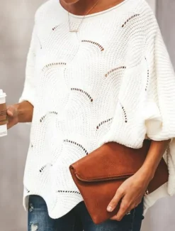 Best Women's Sweater Pullover Sweater Jumper Casual Soft Pure Color Ribbed Crew Neck Hollow Out Knitted Long Sleeve Regular Tops Knit Outdoor Daily Weekend White Pink Fall Winter Women Pullovers & Tops