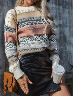 Clearance Women's Sweater Pullover Sweater Jumper Vintage Casual Soft Geometric Ribbed Crew Neck Knitted Long Sleeve Regular Tops Knit Outdoor Daily Weekend Pink Red Fall Winter Women Pullovers & Tops