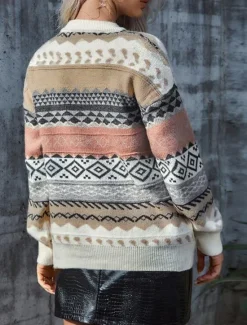 Clearance Women's Sweater Pullover Sweater Jumper Vintage Casual Soft Geometric Ribbed Crew Neck Knitted Long Sleeve Regular Tops Knit Outdoor Daily Weekend Pink Red Fall Winter Women Pullovers & Tops