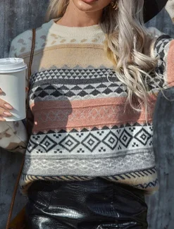 Clearance Women's Sweater Pullover Sweater Jumper Vintage Casual Soft Geometric Ribbed Crew Neck Knitted Long Sleeve Regular Tops Knit Outdoor Daily Weekend Pink Red Fall Winter Women Pullovers & Tops