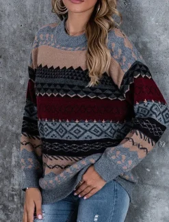Clearance Women's Sweater Pullover Sweater Jumper Vintage Casual Soft Geometric Ribbed Crew Neck Knitted Long Sleeve Regular Tops Knit Outdoor Daily Weekend Pink Red Fall Winter Women Pullovers & Tops