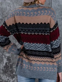 Clearance Women's Sweater Pullover Sweater Jumper Vintage Casual Soft Geometric Ribbed Crew Neck Knitted Long Sleeve Regular Tops Knit Outdoor Daily Weekend Pink Red Fall Winter Women Pullovers & Tops