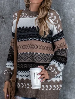 Clearance Women's Sweater Pullover Sweater Jumper Vintage Casual Soft Geometric Ribbed Crew Neck Knitted Long Sleeve Regular Tops Knit Outdoor Daily Weekend Pink Red Fall Winter Women Pullovers & Tops