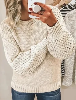 Women's Sweater Pullover Sweater Jumper Casual Soft Pure Color Cable Crew Neck Knitted Long Sleeve Regular Tops Knit Outdoor Daily Weekend White Pink Fall Winter Women Pullovers & Tops