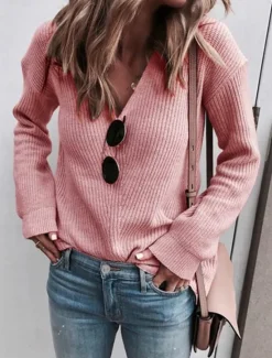 Sale Women's Sweater Pullover Sweater Jumper Casual Soft Pure Color Ribbed V Neck Knitted Long Sleeve Regular Tops Knit Outdoor Daily Weekend Black White Fall Winter Women Pullovers & Tops