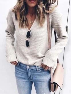Sale Women's Sweater Pullover Sweater Jumper Casual Soft Pure Color Ribbed V Neck Knitted Long Sleeve Regular Tops Knit Outdoor Daily Weekend Black White Fall Winter Women Pullovers & Tops