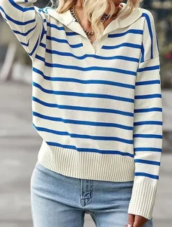 Sale Women's Sweater Pullover Sweater Jumper Casual Soft Striped Ribbed Shirt Collar Knitted Long Sleeve Regular Tops Knit Outdoor Daily Weekend Black Red Fall Winter Women Pullovers & Tops