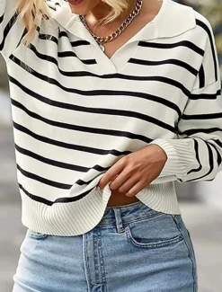 Sale Women's Sweater Pullover Sweater Jumper Casual Soft Striped Ribbed Shirt Collar Knitted Long Sleeve Regular Tops Knit Outdoor Daily Weekend Black Red Fall Winter Women Pullovers & Tops
