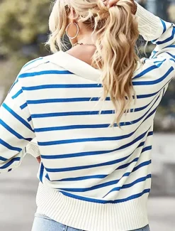 Sale Women's Sweater Pullover Sweater Jumper Casual Soft Striped Ribbed Shirt Collar Knitted Long Sleeve Regular Tops Knit Outdoor Daily Weekend Black Red Fall Winter Women Pullovers & Tops
