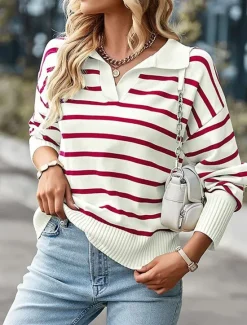 Sale Women's Sweater Pullover Sweater Jumper Casual Soft Striped Ribbed Shirt Collar Knitted Long Sleeve Regular Tops Knit Outdoor Daily Weekend Black Red Fall Winter Women Pullovers & Tops