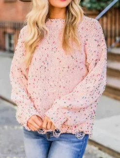 Clearance Women's Sweater Pullover Sweater Jumper Casual Sweater Casual Soft Geometric Ribbed Crew Neck Knitted Long Sleeve Regular Tops Knit Outdoor Daily Weekend Pink Beige Fall Winter Women Pullovers & Tops