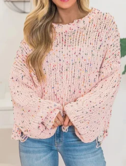 Clearance Women's Sweater Pullover Sweater Jumper Casual Sweater Casual Soft Geometric Ribbed Crew Neck Knitted Long Sleeve Regular Tops Knit Outdoor Daily Weekend Pink Beige Fall Winter Women Pullovers & Tops
