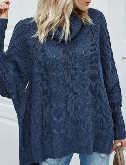 Hot Women's Sweater Pullover Sweater Jumper Casual Soft Pure Color Cable Turtleneck Knitted Long Sleeve Regular Tops Knit Outdoor Daily Weekend Navy Blue Beige Fall Winter Women Pullovers & Tops