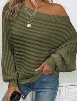 Best Women's Sweater Pullover Sweater Jumper Casual Soft Pure Color Ribbed Off Shoulder Knitted Long Sleeve Regular Tops Knit Outdoor Daily Weekend Black White Fall Women Pullovers & Tops
