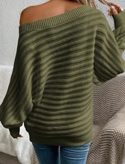 Best Women's Sweater Pullover Sweater Jumper Casual Soft Pure Color Ribbed Off Shoulder Knitted Long Sleeve Regular Tops Knit Outdoor Daily Weekend Black White Fall Women Pullovers & Tops