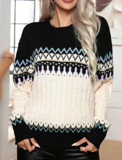 Outlet Women's Sweater Pullover Sweater Jumper Casual Soft Geometric Ribbed Crew Neck Knitted Long Sleeve Regular Tops Knit Outdoor Daily Weekend Fall Winter Women Pullovers & Tops
