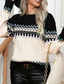 Outlet Women's Sweater Pullover Sweater Jumper Casual Soft Geometric Ribbed Crew Neck Knitted Long Sleeve Regular Tops Knit Outdoor Daily Weekend Fall Winter Women Pullovers & Tops