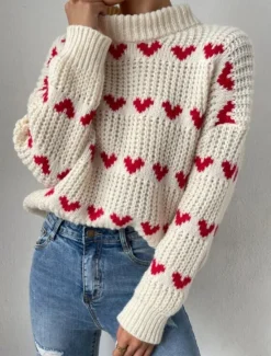 New Women's Sweater Pullover Sweater Jumper Casual Soft Heart Ribbed Turtleneck Knitted Long Sleeve Regular Tops Knit Outdoor Daily Weekend Fall Winter Women Pullovers & Tops