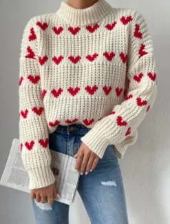 New Women's Sweater Pullover Sweater Jumper Casual Soft Heart Ribbed Turtleneck Knitted Long Sleeve Regular Tops Knit Outdoor Daily Weekend Fall Winter Women Pullovers & Tops