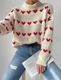 New Women's Sweater Pullover Sweater Jumper Casual Soft Heart Ribbed Turtleneck Knitted Long Sleeve Regular Tops Knit Outdoor Daily Weekend Fall Winter Women Pullovers & Tops