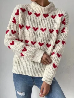 New Women's Sweater Pullover Sweater Jumper Casual Soft Heart Ribbed Turtleneck Knitted Long Sleeve Regular Tops Knit Outdoor Daily Weekend Fall Winter Women Pullovers & Tops