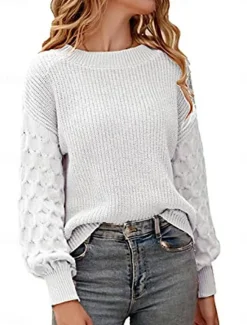 New Women's Sweater Pullover Sweater Jumper Casual Soft Pure Color Ribbed Crew Neck Knitted Lantern Sleeve Long Sleeve Regular Tops Knit Outdoor Daily Weekend White Khaki Fall Winter Women Pullovers & Tops