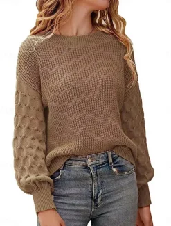 New Women's Sweater Pullover Sweater Jumper Casual Soft Pure Color Ribbed Crew Neck Knitted Lantern Sleeve Long Sleeve Regular Tops Knit Outdoor Daily Weekend White Khaki Fall Winter Women Pullovers & Tops