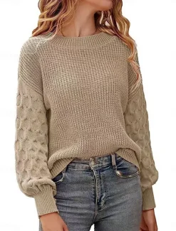 New Women's Sweater Pullover Sweater Jumper Casual Soft Pure Color Ribbed Crew Neck Knitted Lantern Sleeve Long Sleeve Regular Tops Knit Outdoor Daily Weekend White Khaki Fall Winter Women Pullovers & Tops