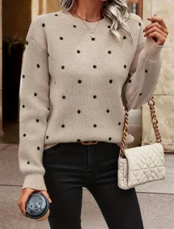Outlet Women's Sweater Pullover Sweater Jumper Casual Soft Polka Dot Ribbed Crew Neck Knitted Long Sleeve Regular Tops Knit Outdoor Daily Weekend Fall Winter Women Pullovers & Tops