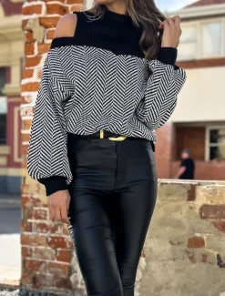 Hot Women's Sweater Pullover Sweater Jumper Casual Soft Geometric Ribbed Turtleneck Knitted Cold Shoulder Long Sleeve Regular Tops Knit Outdoor Daily Weekend Fall Winter Women Pullovers & Tops