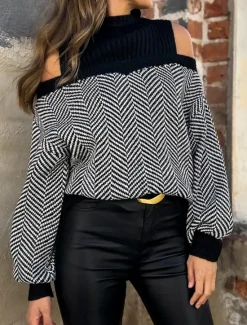 Hot Women's Sweater Pullover Sweater Jumper Casual Soft Geometric Ribbed Turtleneck Knitted Cold Shoulder Long Sleeve Regular Tops Knit Outdoor Daily Weekend Fall Winter Women Pullovers & Tops