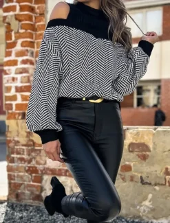 Hot Women's Sweater Pullover Sweater Jumper Casual Soft Geometric Ribbed Turtleneck Knitted Cold Shoulder Long Sleeve Regular Tops Knit Outdoor Daily Weekend Fall Winter Women Pullovers & Tops
