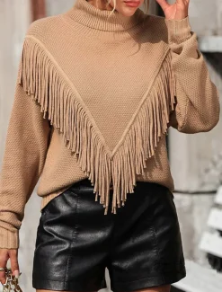 Discount Women's Sweater Pullover Sweater Jumper Casual Sweater Casual Soft Solid Color Ribbed V Neck Tassel Knitted Long Sleeve Regular Tops Knit Outdoor Daily Weekend Blue Khaki Fall Winter Women Pullovers & Tops