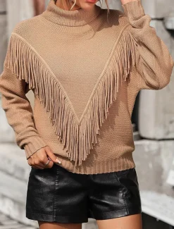 Discount Women's Sweater Pullover Sweater Jumper Casual Sweater Casual Soft Solid Color Ribbed V Neck Tassel Knitted Long Sleeve Regular Tops Knit Outdoor Daily Weekend Blue Khaki Fall Winter Women Pullovers & Tops