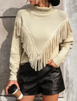 Discount Women's Sweater Pullover Sweater Jumper Casual Sweater Casual Soft Solid Color Ribbed V Neck Tassel Knitted Long Sleeve Regular Tops Knit Outdoor Daily Weekend Blue Khaki Fall Winter Women Pullovers & Tops