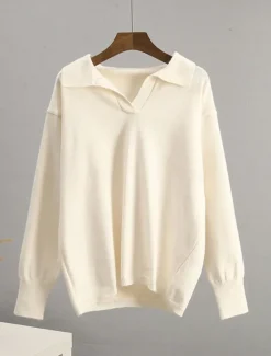 Women's Sweater Pullover Sweater Jumper Casual Soft Pure Color Ribbed Shirt Collar Knitted Long Sleeve Regular Tops Knit Outdoor Daily Weekend White Green Fall Winter Women Pullovers & Tops